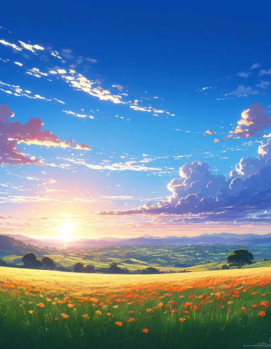 Beautiful and serene anime landscape, ((with clean sky bintage effect)), sunset ((without clouds)), dreamy, incredible. Hay flores enormes, Campo de Flores en la Colina, árbol grande, espectacular luz del amanecer, pintura impresionista, nubes de colores, pintura digital, puntillismo, estación de arte, 8Kbeautiful anime landscape, anime sky anime. by makoto shinkai, Rhads and Lois Van Baarle, makoto shinkai cyril rolando, anime background art, 4k anime art wallpaper, clear sky 8khdr
