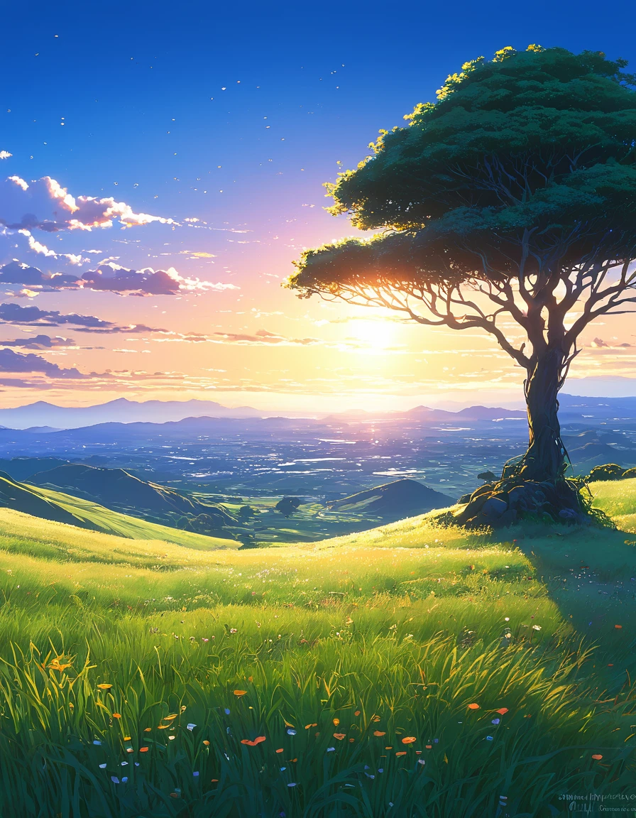Beautiful and serene anime landscape, ((with clean sky bintage effect)), sunset ((without clouds)), dreamy, incredible. Hay flores enormes, Campo de Flores en la Colina, árbol grande, espectacular luz del amanecer, pintura impresionista, nubes de colores, pintura digital, puntillismo, estación de arte, 8Kbeautiful anime landscape, anime sky anime. by makoto shinkai, Rhads and Lois Van Baarle, makoto shinkai cyril rolando, anime background art, 4k anime art wallpaper, clear sky 8khdr