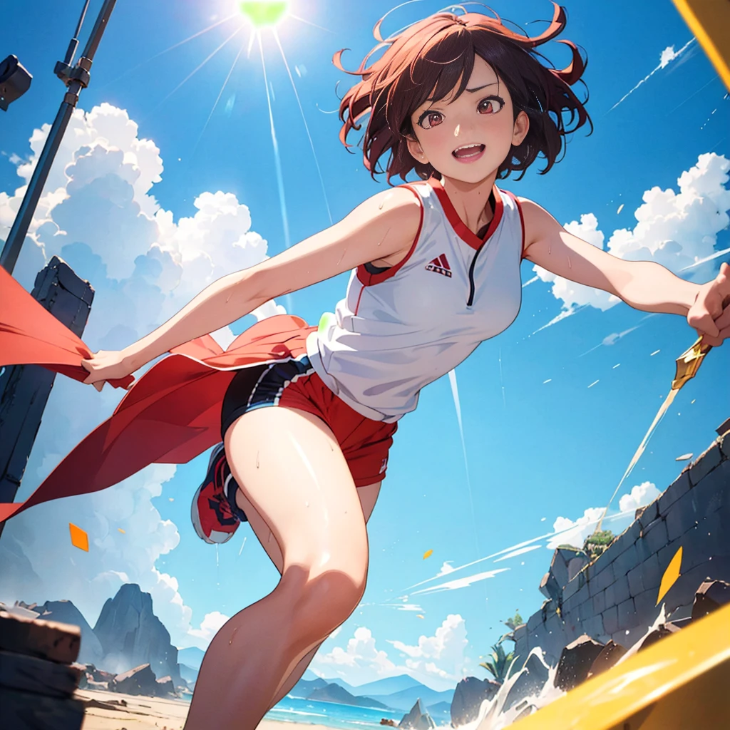 A girl with short hair, beautiful detailed eyes, beautiful detailed lips, extremely detailed face, red eyes, short boyish hair, running outfit, sun-kissed skin, open mouth big smile, (sweat), overflowing frame, dynamic illustration, sparkling effects, action painting, (best quality,4k,8k,highres,masterpiece:1.2),ultra-detailed,(realistic,athletic,energetic,vibrant colors,dramatic lighting,anime,anime style),hands out of frame, dutch angle, feet out of frame, closeup chest, low angle