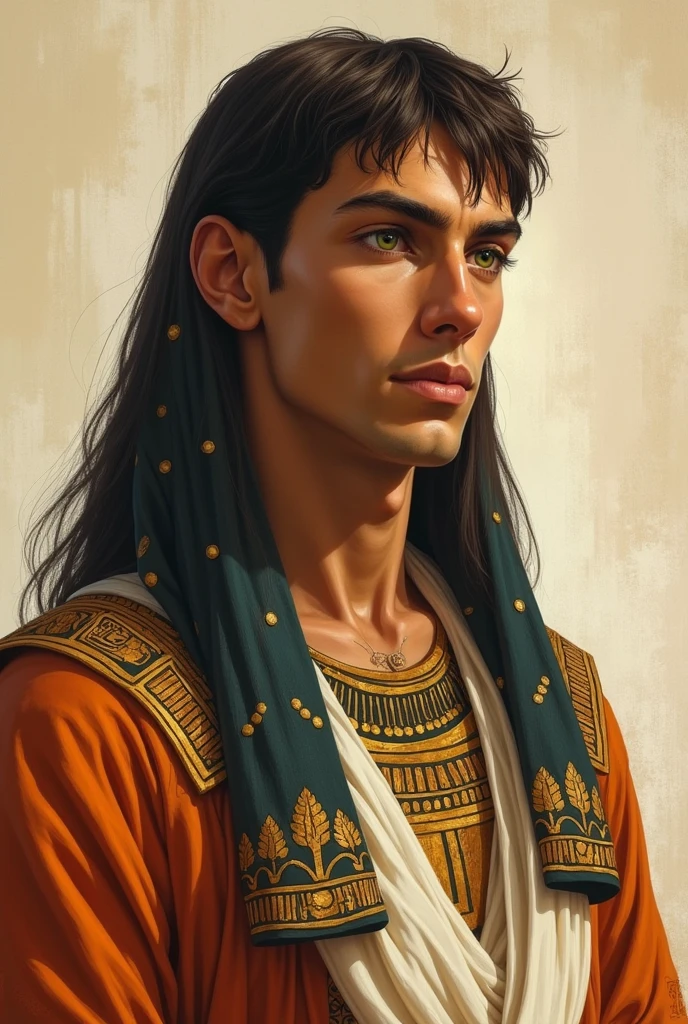  An  Egyptian handsome man green eyes ,brown hair , white face  , ovel shap face under the  prisoner wearing a Egyptian dress pharaoh .