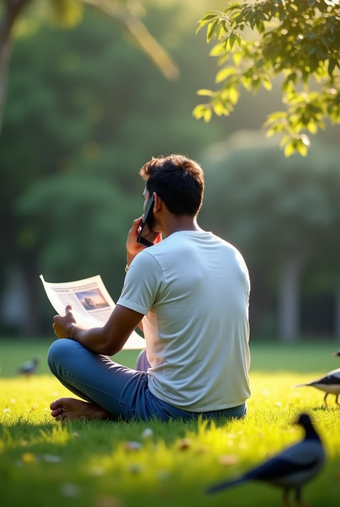 A 30 years Indian man is talking on the phone nearer to ears. He is at the home lawn, birds are walking on the grass, he sat on the chair, he hold newspaper with another hand. His back side should be displayed. He wears white tshirt, blue night pant.