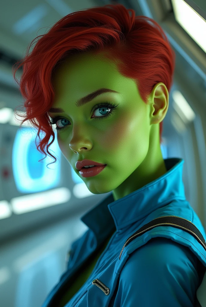 A green skinned girl, wearing a blue space shirt, spaceship interior background. Her eyes are blue. She has red short masculine hair. Beautiful detailed face