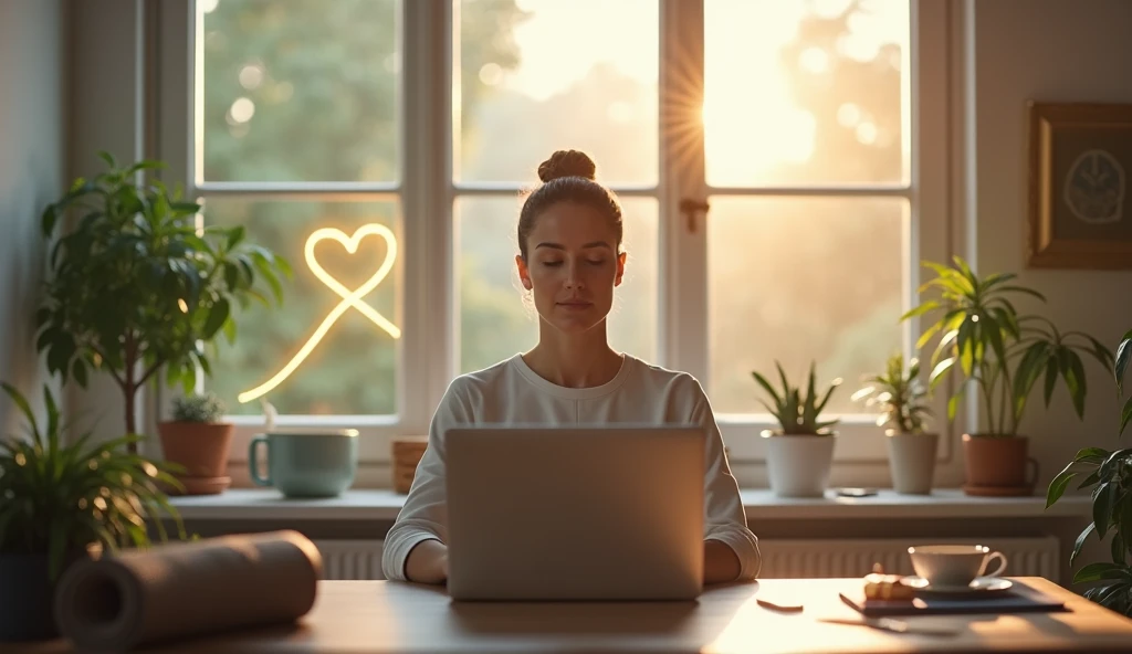 A serene and balanced workspace where a business owner is practicing mindfulness while working. The scene shows the individual sitting calmly at a desk with a laptop, surrounded by elements that symbolize mental well-being: a small indoor plant, a cup of herbal tea, and a yoga mat rolled up nearby. Soft natural light filters through a window, creating a peaceful atmosphere. In the background, subtle symbols like a brain and heart intertwined, along with a glowing upward arrow, represent the connection between mental health and business success. The overall mood is tranquil and uplifting, promoting the idea that maintaining mental wellness is key to achieving happiness and success in business.