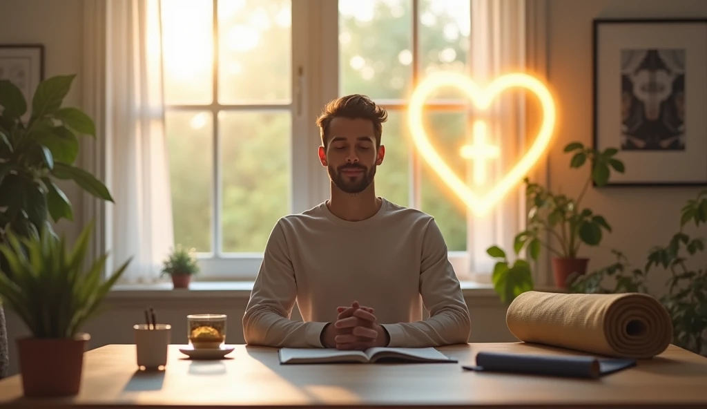 A serene and balanced workspace where a business owner is practicing mindfulness while working. The scene shows the individual sitting calmly at a desk with a laptop, surrounded by elements that symbolize mental well-being: a small indoor plant, a cup of herbal tea, and a yoga mat rolled up nearby. Soft natural light filters through a window, creating a peaceful atmosphere. In the background, subtle symbols like a brain and heart intertwined, along with a glowing upward arrow, represent the connection between mental health and business success. The overall mood is tranquil and uplifting, promoting the idea that maintaining mental wellness is key to achieving happiness and success in business.