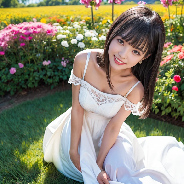 long skirt,in the flower field，Wear a dress，rotate，1 female, On the face, laughing out loud, light brown hair, blunt bangs, hair behind ears, Shoulder-length hair, long hair, Slender body type, 超face slimming型, face slimming, delicate lips, beautiful eyes, Thin blush, Eyes are light brown,View here, (actual:1.3), One person's perspective, 8k, Super detailed, high quality, best quality, High resolution, ，Large Breasts，wear a H cup, 2,Off-shoulder tops，Lace top，puffy skirt