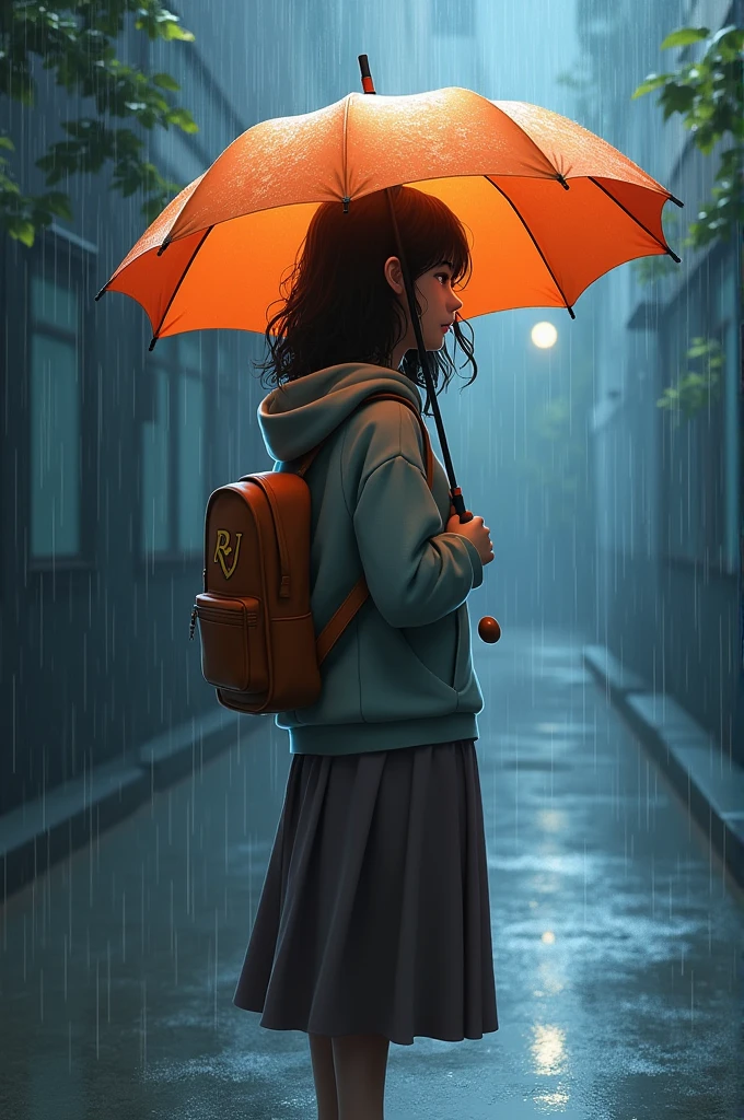 A  girl with umbrella who wearing long skirt. A hoodie which backside written RJ. Hanging a backpack which writenRJ. 