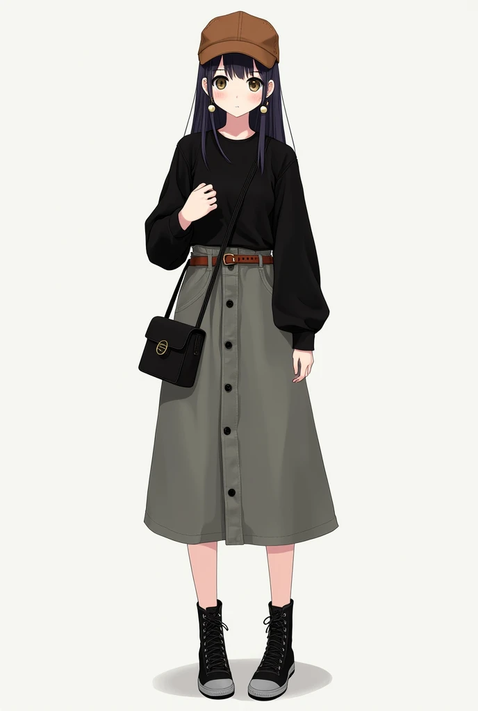 A girl wearing black dress shirt over the knee with a brown tin belt and black high timber land shoes with straight longgg hair large cirlce earings and black cross bag and a brown cap