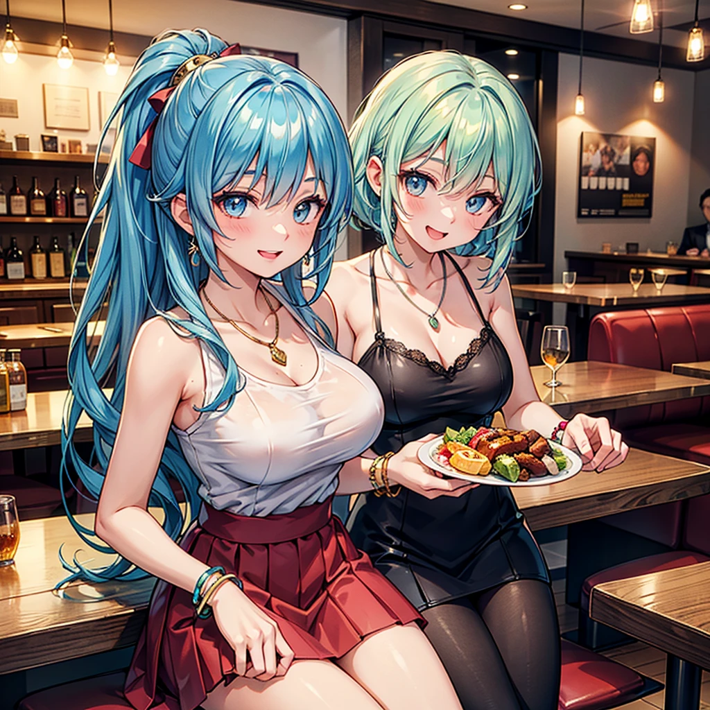 Anime Moe Art Style,Highest quality,High resolution,Anatomically correct,Mid-s,With her light blue hair in a ponytail,Super detailed,Big Breasts,Shiny skin,Beautiful Skin,A rich expression,Bright smile,Laughing with your mouth open,Stylish restaurant,Having lunch,Sleeveless blouse,flare skirt,necklace,bracelet,hair ornaments,Eyes drawn in detail,8k