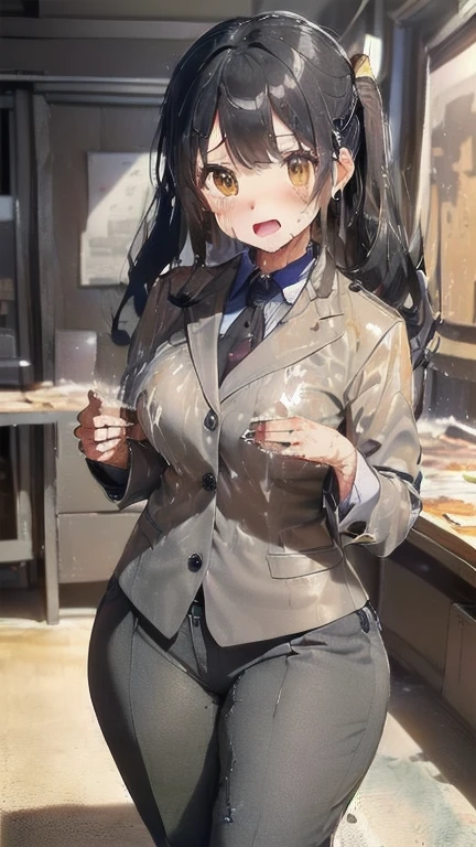 (must be follow these prompts:2.2),masterpiece,best quality,extremely detailed,(in her clothing:3.0),(in her formal styled business suit clothing:2.6),(adorable girl:2.5),(usually adorable face:2.2),(displayed one girl on single picture:2.4),(black hair:2.1),(lower height:2.3),(A small, curvy new employee working in modern Tokyo wearing a dark grey business suit jacket and trousers:2.3),(A cute girl-like moan echoes:2.2),(The new recruit was covered in thick, concentrated semen that had repeatedly soaked into his dark grey suit, turning it amber-coloured, and he became very smelly and dirty.:1.6),(The new employee was wearing a business suit that had been ejaculated on a long time ago, leaving a very light, amber-colored stain that was smeared with varying shades of color.:1.6),(その新入社員はfirst time々It gives a cute and innocent impression.:2.4),(The new employee's entire body was oozing with the slimy secretions that accompany sexual climax.:2.2),(The new employee's breasts, covered by her business suit, are swelling with intense lust.:2.4),(The new employee succumbed to her sexual desire and played with her clitoris through her pants.:1.8),(libidonous tumultus are makes sensuous reaction of her body:2.1),(she was sank into the depth of irresistible low passion:1.6),(viscous drips on her suit like a hunny dipping:2.4),(The new employee's love juices were dripping down the inside thighs of her dark grey trousers.:2.2),(in her clothing massively ejaculated:2.2),(men's elected twangers were inserted her:2.3),(The new employee with a plump, round body smells like semen:2.3),(she was already stroked up to the depth intervaginal sensual spot:2.3),(notably buldged up her inner labia majora:2.9),(A young, shy moan:1.5),(having big breasts in her clothing:2.6),(A new employee with an innocent look working in the office:2.3),(The new employee is short but has a slightly plump body.:2.1),(The crotch of his dark grey trousers is discolored with love juice stains.:2.5),(The new employee is convulsing and dripping love juice from her pussy, which is hidden under her pants.:1.8),(The new employee's dark grey trousers, which hug her plump thighs, are damp with lascivious secretions.:2.0),(The new employee endures the slush between his legs by continuing to wear his dark grey trousers.:2.1),(A new employee who is always holding his crotch over his dark grey trousers:1.7),(A moan filled with childish embarrassment:1.5),(The new employee's suit-covered breasts and nipples are bulging with lust.:1.8),(The new employee has a very lewd body hidden under her clothes.:2.2),(The new employee works very diligently.:2.5),(The new employee has short, thick legs.:2.2),(first time々New Employees:2.2),(she looks like japanese idol:2.3),(The dark grey trousers are made from a durable fabric that will never tear.:2.3),(she looks like a lolita:2.0),(All of this happened to the new employee himself, not anyone else.:3.1),(tough business suit:2.2),(Make sure to depict the face:5.3),(Calm expression:4.3),(Innocent face:3),(The story focuses on just that one new employee.:3.3),(The only characters that appear are the new recruits.:4.2),(Portrait Style:5)