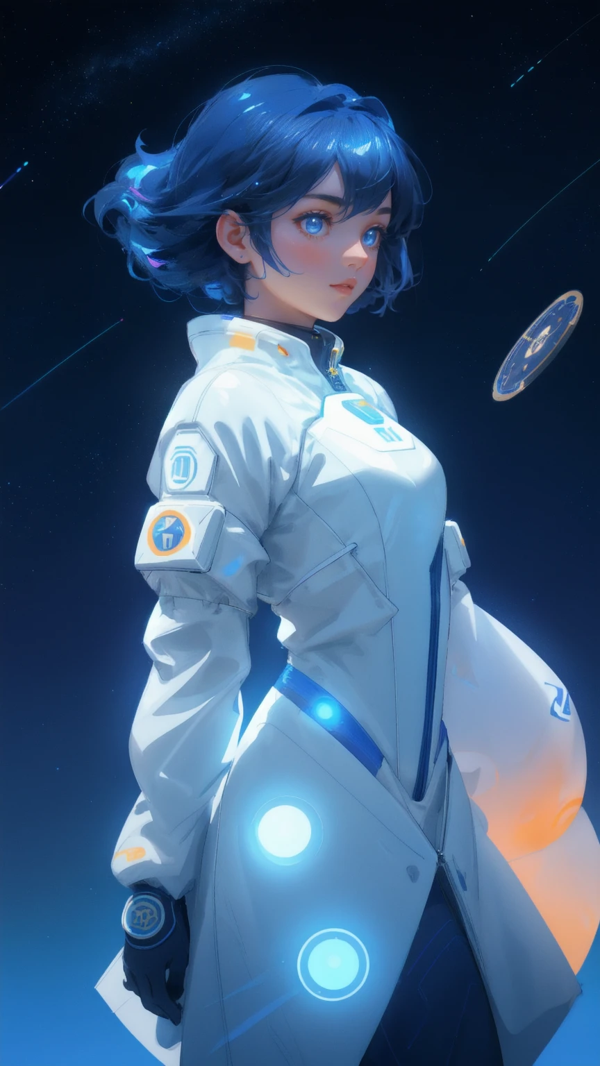 A beautiful, cute girl in a sleek, futuristic spacesuit adorned with glowing blue accents is reaching towards a large, glowing blue moon. The background is filled with floating Bitcoin coins and Ethereum symbols, with a vibrant rainbow streaking across the sky. The entire scene has a mystical, cosmic feel with a deep blue space background. Keywords: Moon Lander, blue background
