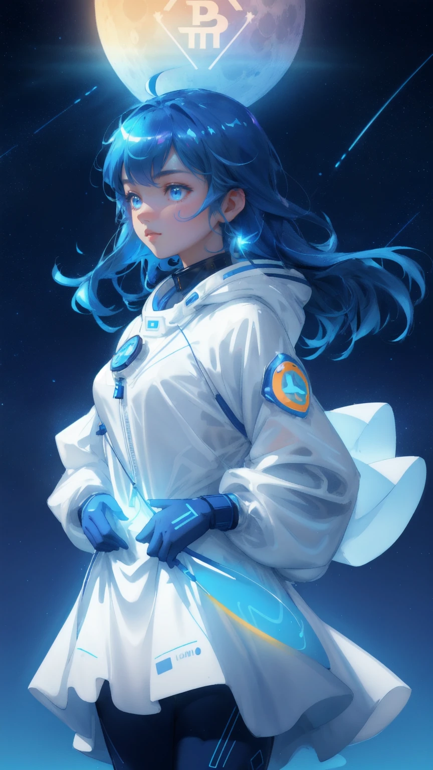A beautiful, cute girl in a sleek, futuristic spacesuit adorned with glowing blue accents is reaching towards a large, glowing blue moon. The background is filled with floating Bitcoin coins and Ethereum symbols, with a vibrant rainbow streaking across the sky. The entire scene has a mystical, cosmic feel with a deep blue space background. Keywords: Moon Lander, blue background