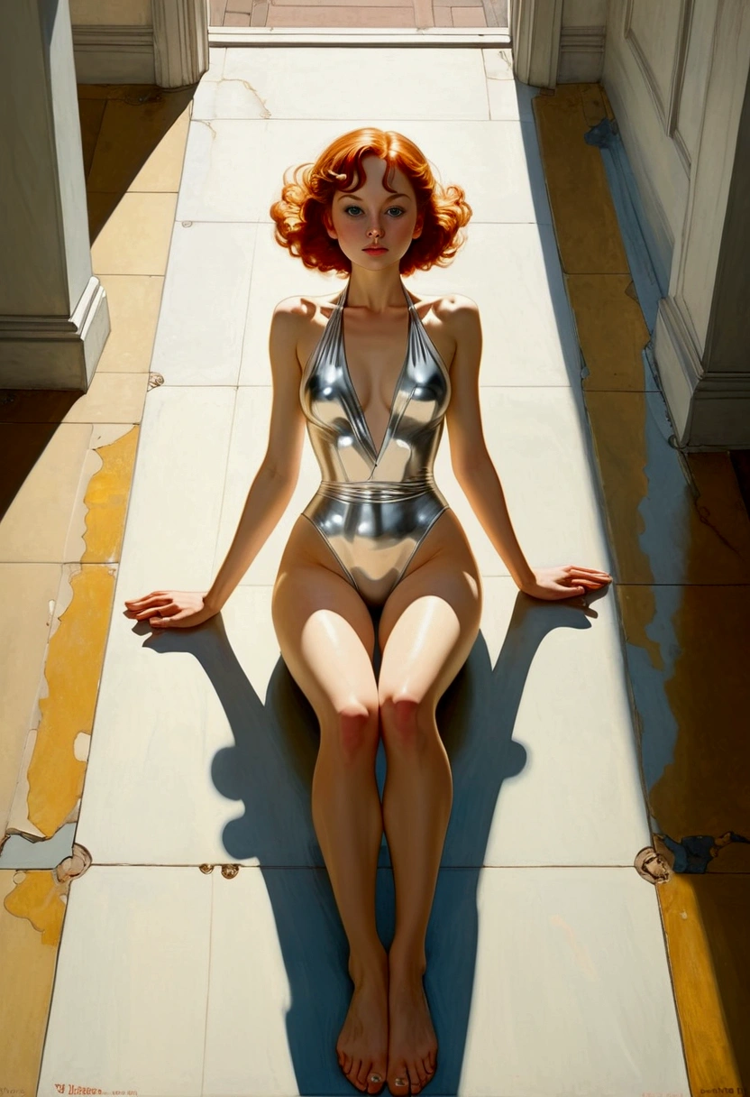 a girl in a one piece silver swimsuit sitting on the floor legs wide open view down below in the style of Gigi Cavenago and Jeffrey Jones and Albert Beck Wenzell and norman rockwell