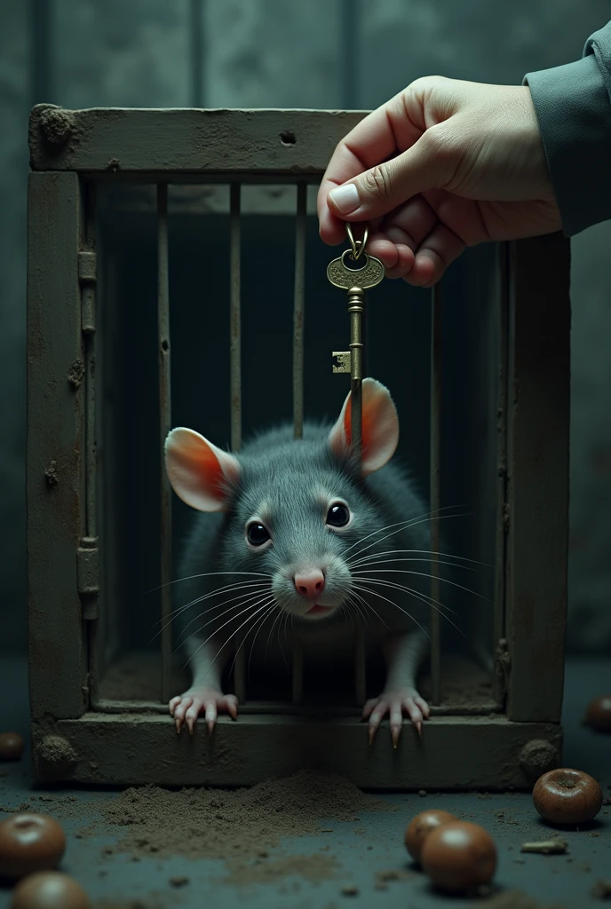 make 1 rat that are being tortured in caged with humans either released or killed, the rat has guilty sign, make 1 hand human with key