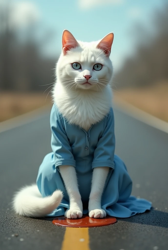  tall beautiful white cat dressed in blue plain frock  sitting on road with sauce on foot and tears in eyes 