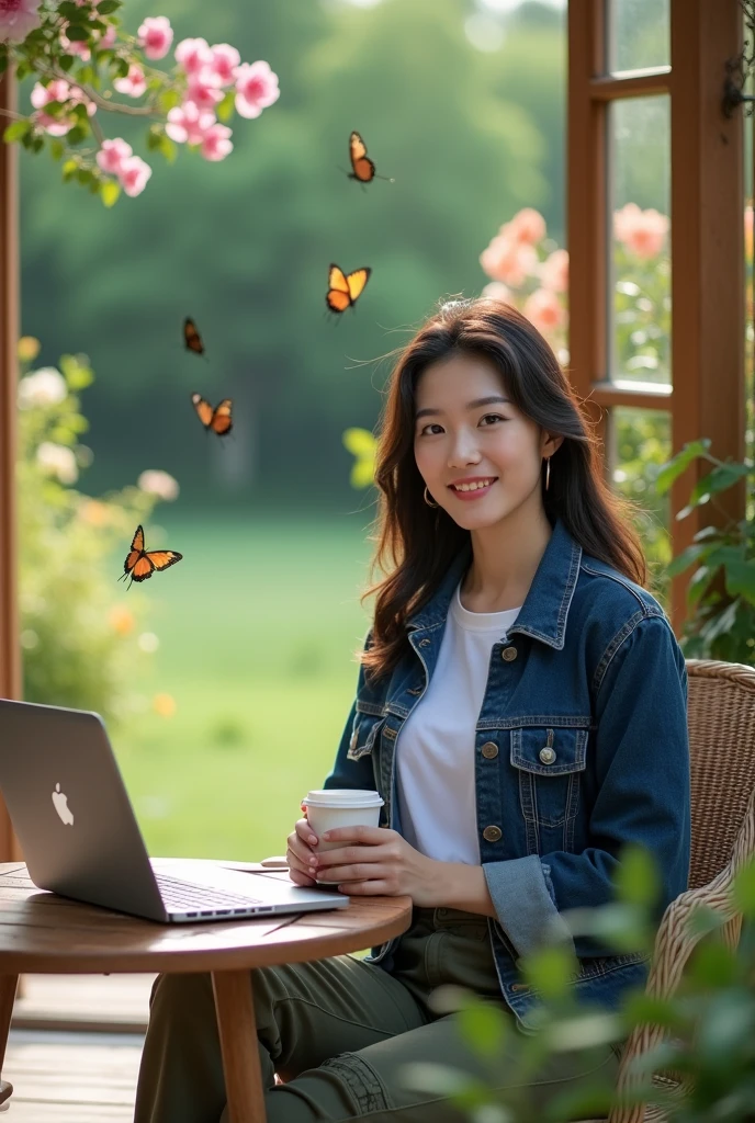 beautiful Korean girl, white, well-groomed face, wearing a dark blue jeans jacket, white t-shirt, cargo trousers, thin smile, sitting in a garden chair, table with a laptop, hot coffee, beautiful flowers blooming in the background, open room, growing green grass, and there are flying butterflies, original, realistic photos