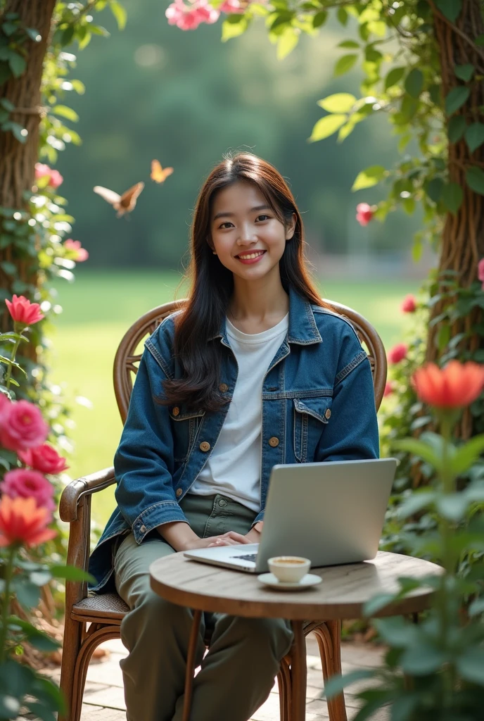 beautiful Korean girl, white, well-groomed face, wearing a dark blue jeans jacket, white t-shirt, cargo trousers, thin smile, sitting in a garden chair, table with a laptop, hot coffee, beautiful flowers blooming in the background, open room, growing green grass, and there are flying butterflies, original, realistic photos