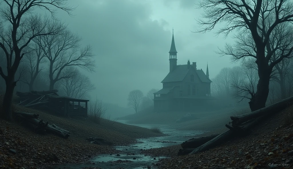 : A ghostly scene of island showing the remains of the settlement under a cloudy, dim sky, with fallen leaves covering the ground, and an atmosphere so still that it feels unnaturally quiet.