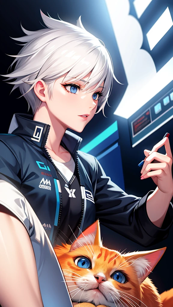 White hair, blue eyes, holding a game joystick, has an orange cat.