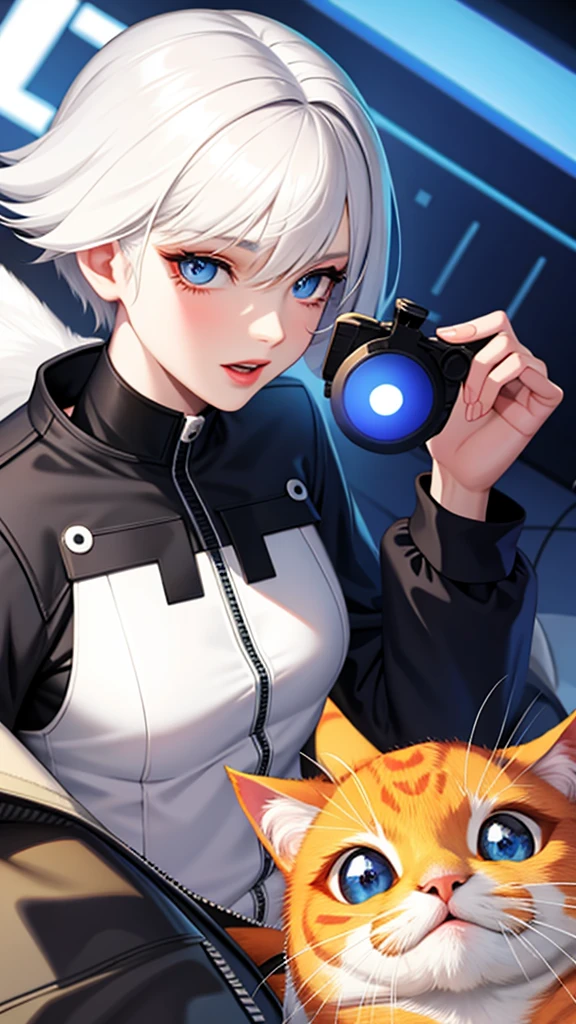 White hair, blue eyes, holding a game joystick, has an orange cat.