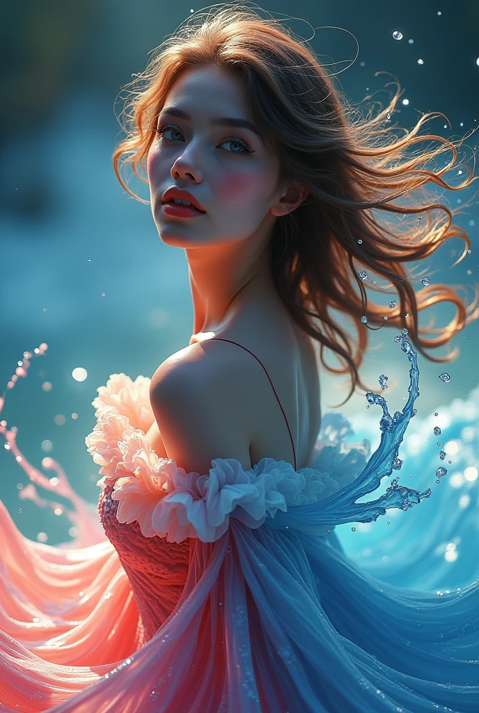 masterpiece, best quality, (dynamic pose:0.5), absurdres, 1girl, detailed face, beautiful detailed eyes, beautiful detailed lips, extremely detailed facial features, long eyelashes, flowing colorful dress, water splash effects, liquid-like dress, ethereal atmosphere, dramatic lighting, vivid colors, cinematic composition, fantasy, digital art