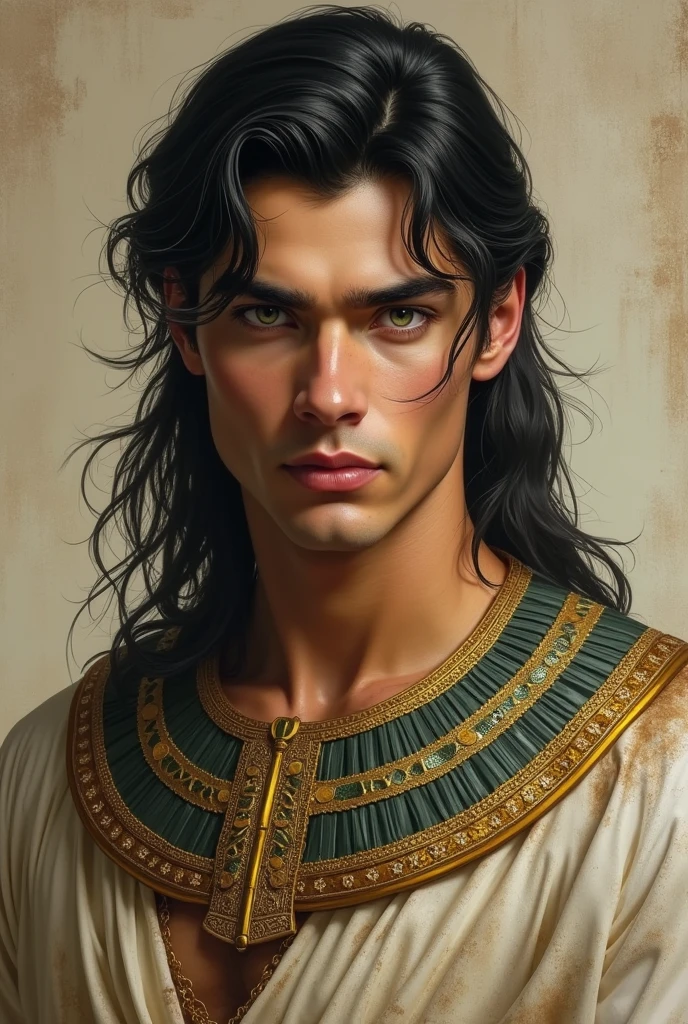 An Egyptian handsome man green eyes ,brown hair , white face , face under the prisoner wearing a Egyptian dress pharaoh .