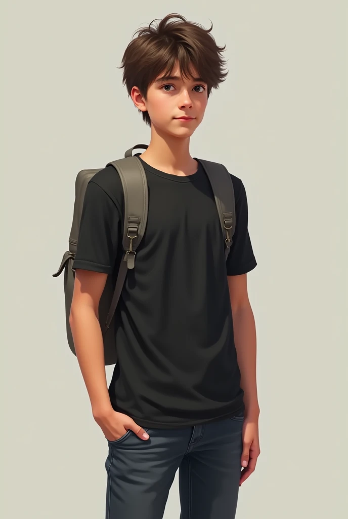 A boy with black t shirt and black jeans and a college bag on his back 
