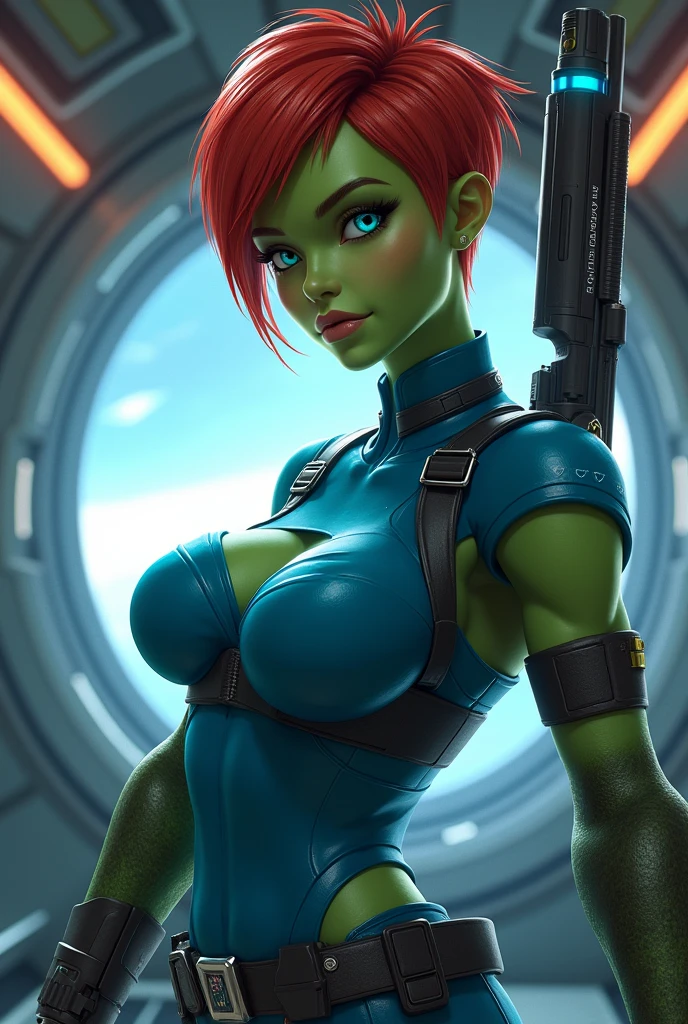 A green skinned girl, wearing a blue space shirt, spaceship interior background. Her eyes are blue. She is busty. She holds a space blaster. She has red short masculine hair. Beautiful detailed face 