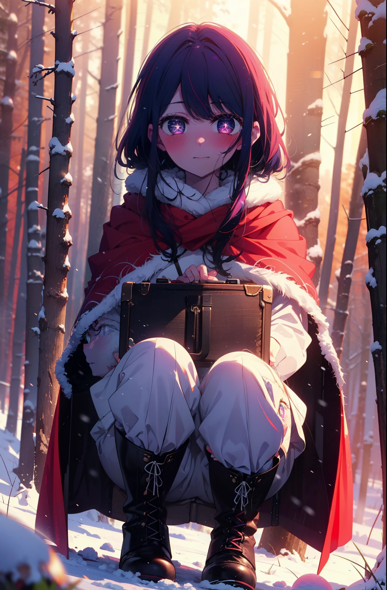 aihoshino, Ai Hoshino, Long Hair, bangs, (Purple eyes:1.1), Purple Hair, (Symbol-shaped pupil:1.5), smile,,smile,blush,white breath,
Open your mouth,snow,Ground bonfire, Outdoor, boots, snowing, From the side, wood, suitcase, Cape, Blurred, , forest, White handbag, nature,  Squat, Mouth closed, Cape, winter, Written boundary depth, Black shoes, red Cape break looking at viewer, Upper Body, whole body, break Outdoor, forest, nature, break (masterpiece:1.2), Highest quality, High resolution, unity 8k wallpaper, (shape:0.8), (Beautiful and beautiful eyes:1.6), Highly detailed face, Perfect lighting, Highly detailed CG, (Perfect hands, Perfect Anatomy),