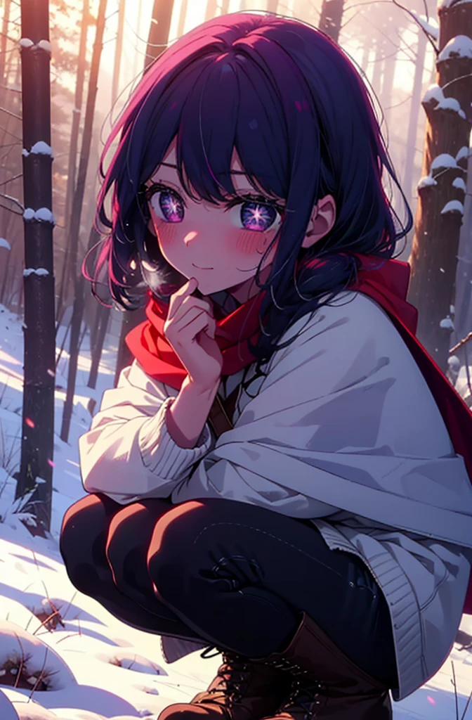 aihoshino, Ai Hoshino, Long Hair, bangs, (Purple eyes:1.1), Purple Hair, (Symbol-shaped pupil:1.5), smile,,smile,blush,white breath,
Open your mouth,snow,Ground bonfire, Outdoor, boots, snowing, From the side, wood, suitcase, Cape, Blurred, , forest, White handbag, nature,  Squat, Mouth closed, Cape, winter, Written boundary depth, Black shoes, red Cape break looking at viewer, Upper Body, whole body, break Outdoor, forest, nature, break (masterpiece:1.2), Highest quality, High resolution, unity 8k wallpaper, (shape:0.8), (Beautiful and beautiful eyes:1.6), Highly detailed face, Perfect lighting, Highly detailed CG, (Perfect hands, Perfect Anatomy),