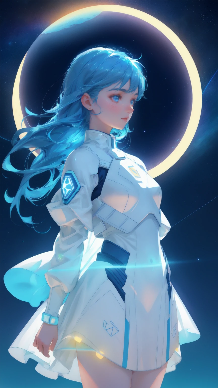 A beautiful, cute girl in a futuristic, glowing suit with blue accents reaches towards a radiant blue moon. The background features floating Bitcoin and Ethereum symbols, along with a vibrant rainbow arching across the starry sky. The entire scene has a cosmic atmosphere with a deep blue space background. Keywords: Moon Lander, blue background.