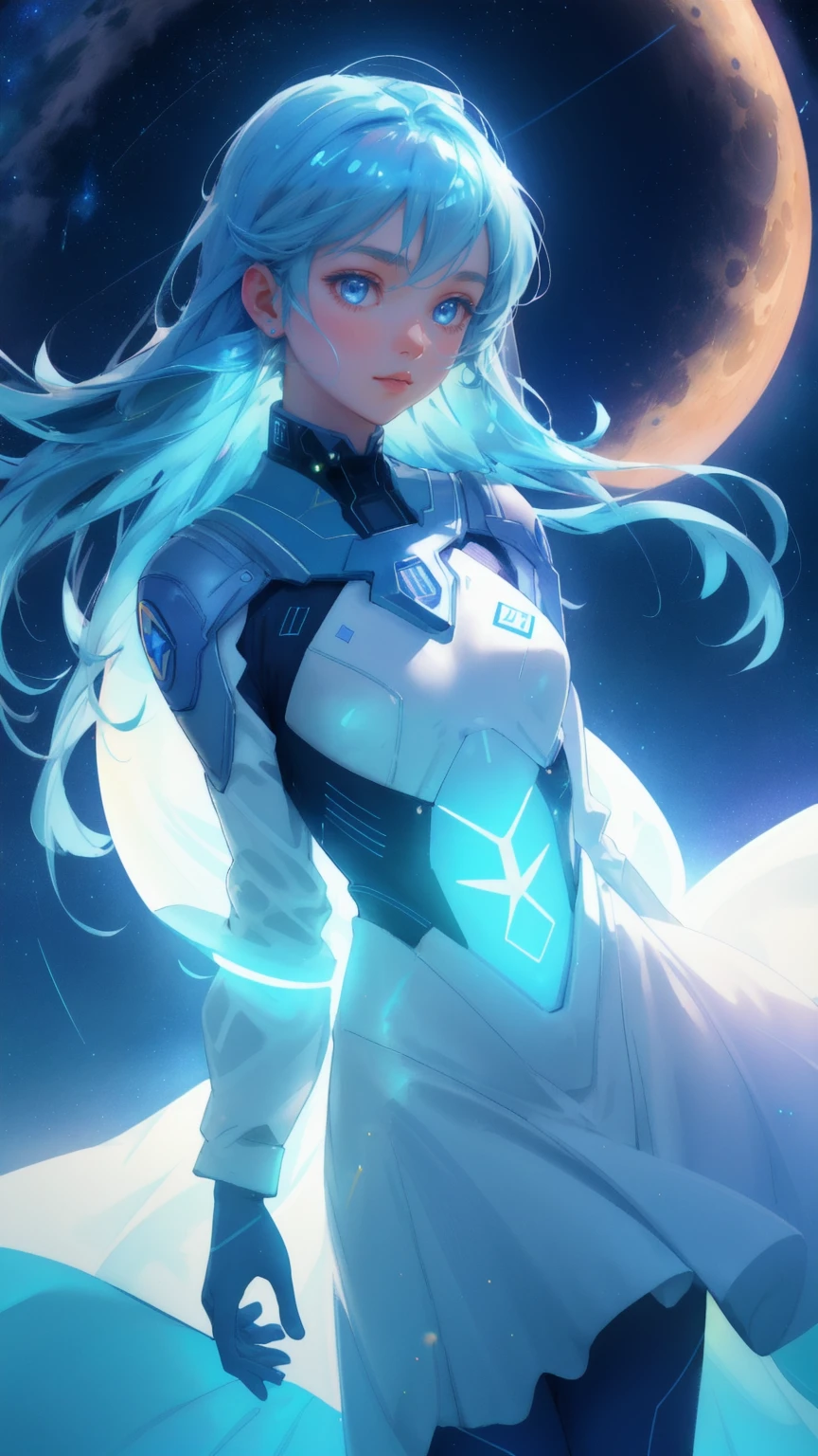 A beautiful, cute girl in a futuristic, glowing suit with blue accents reaches towards a radiant blue moon. The background features floating Bitcoin and Ethereum symbols, along with a vibrant rainbow arching across the starry sky. The entire scene has a cosmic atmosphere with a deep blue space background. Keywords: Moon Lander, blue background.