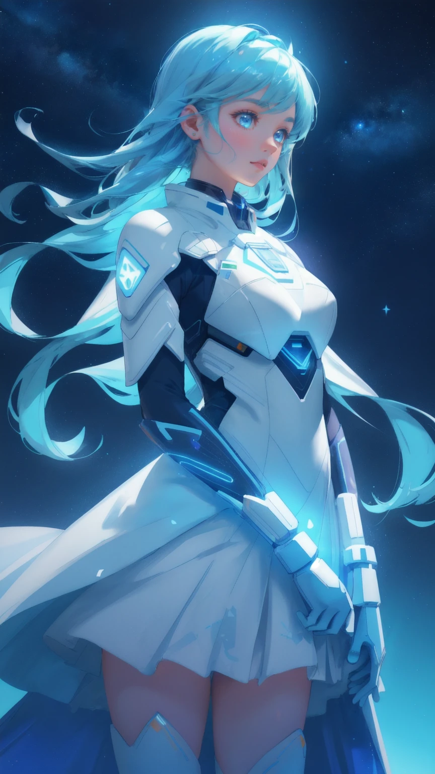 A beautiful, cute girl in a futuristic, glowing suit with blue accents reaches towards a radiant blue moon. The background features floating Bitcoin and Ethereum symbols, along with a vibrant rainbow arching across the starry sky. The entire scene has a cosmic atmosphere with a deep blue space background. Keywords: Moon Lander, blue background.