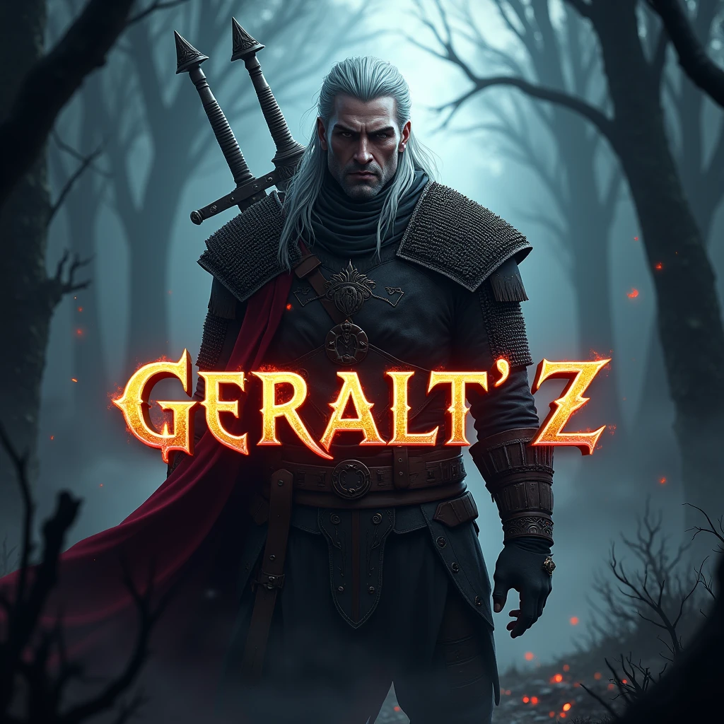 Create a dynamic banner for a gaming YouTube channel named 'Geralt' Z.' The banner should feature Geralt of Rivia from The Witcher series as the central figure, standing in a powerful pose. The background should be an animated, dark fantasy landscape with swirling mists, eerie forests, and a hint of magical energy. The channel name 'Geralt' Z' should be displayed prominently in a bold, medieval-style font, with a glowing effect that matches the mystical theme. The overall tone should be epic and captivating, reflecting the dark, adventurous spirit of The Witcher."








