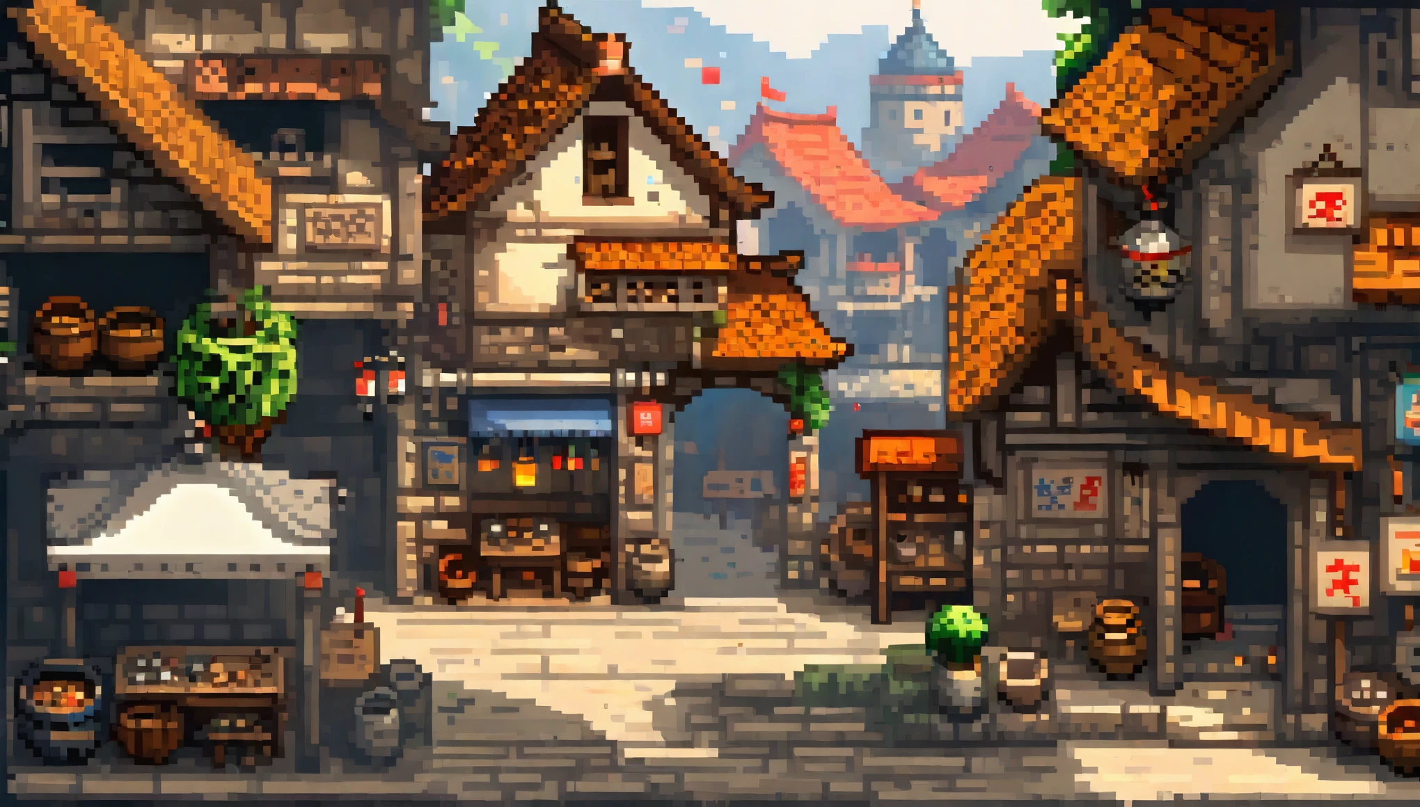 Pixel艺术, Pixel艺术场景:A bustling medieval village, Lively stalls, Vivid characters, Realistic textures, 关注每个Pixel的细节, Reminiscent of 16-bit RPG games, Shot with Nikon D3, Focal length 35mm HD 2D Pixel艺术 :: Pixel风格 :: Pixel