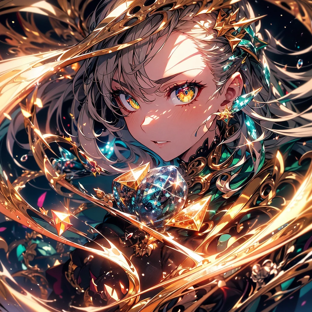 a majestic dragon exhaling breath, full body, alone, (masterpiece, best quality, extremely detailed), sharp focus, extremely detailed face, extremely detailed eyes, golden eyes, (glowing eyes:1.2), serious expression, poise, (twilight, diamond shards, green particles swirling around), cinematic lighting, ray tracing, shading, dynamic angle, masterpiece