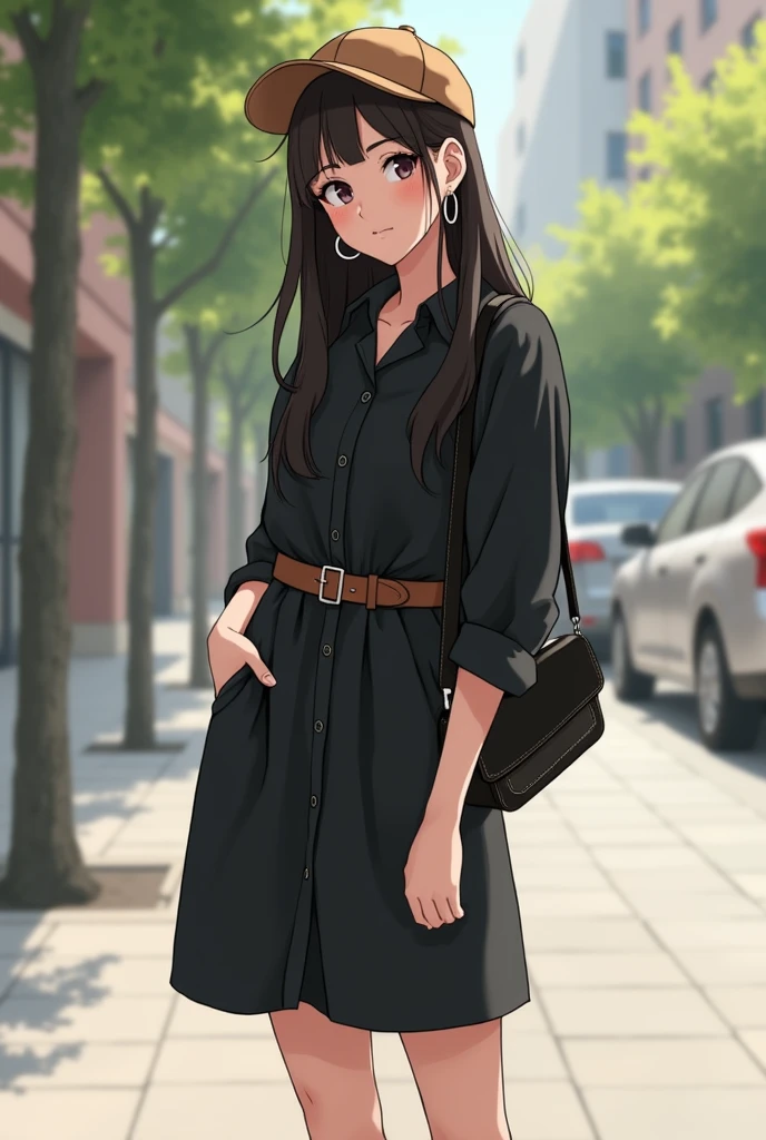 A  girl wearing black shirt-dress over the knee with a brown tin belt and black high timber land shoes with straight longgg hair large cirlce earings and black cross bag and a brown cap

Not anime