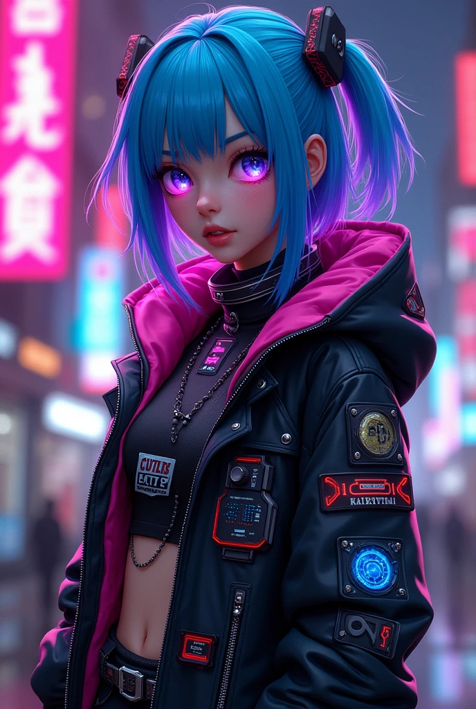 Image depicting a stylized character,Wear futuristic clothing, Cyberpunk aesthetics. The character has bright blue hair,Purple highlights, Eyes retouched with blue and pink makeup, Give them an electronic and mechanical look. They wore black jackets,With pink and blue accents, The sleeves are decorated with various patches and patterns。, Includes patterns that look like circuits. Background with neon urban environment, This is a typical feature of the cyberpunk genre. The overall shape is bold and fashionable, Highly esteemed technology and modern, High-tech fashion.