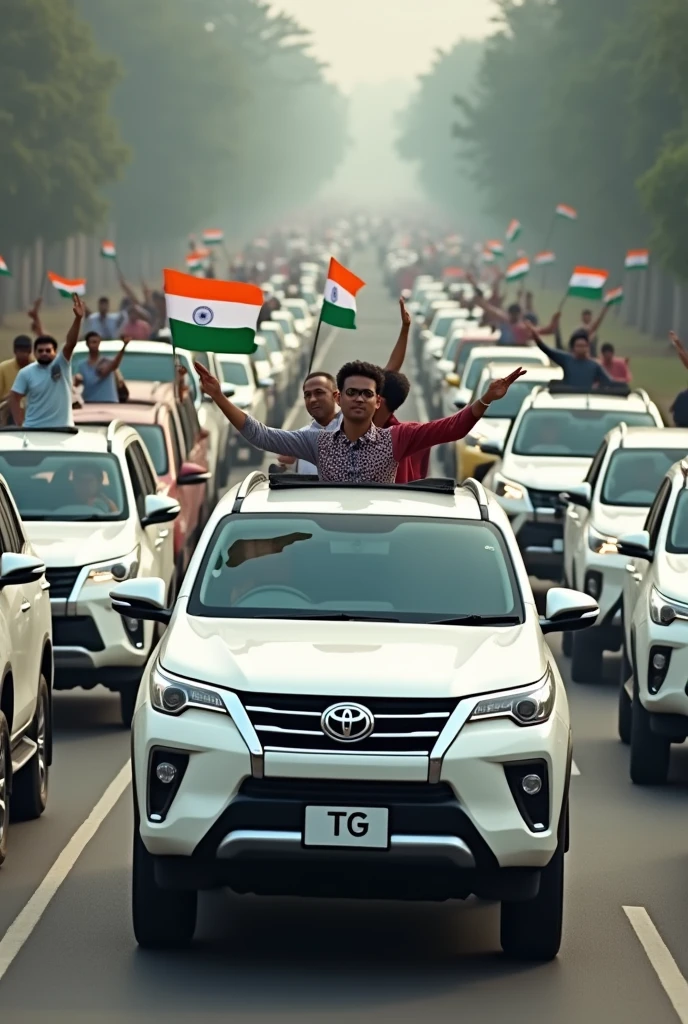 10 white fortuners with tg number plates convey on road with the hooters hai people holding india flags
cheating them