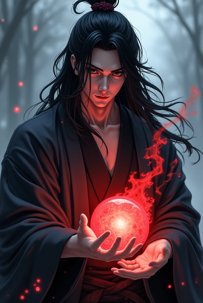 black haired, cold looking man, black eyes, long hair, majestic features, wearing a kimono, holding a glowing red ball of energy in his hand, novel cover.