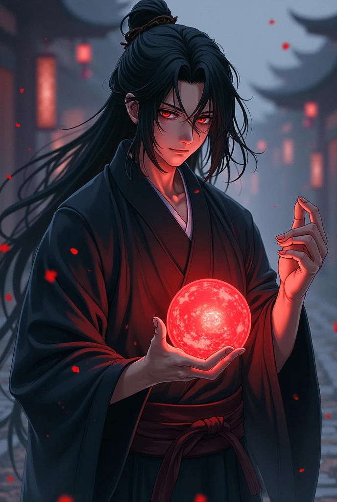 black haired, cold looking man, black eyes, long hair, majestic features, wearing a kimono, holding a glowing red ball of energy in his hand, novel cover.