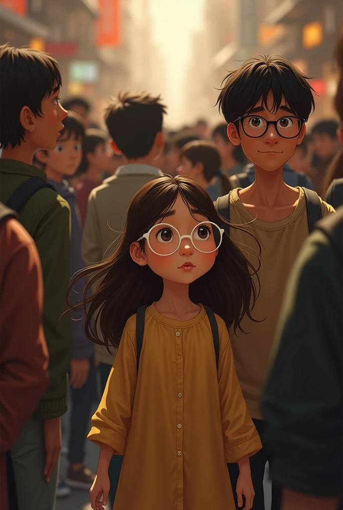A chubby girl with brown hair and white glasses, brown adventure surrounded by many people who don't pay attention to her, on one side a boy with glasses, black hair, cinnamon-colored skin, love