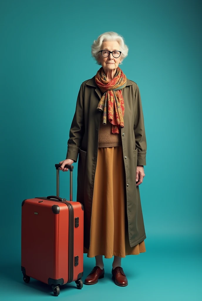 old lady standing with a hand on rolling suitcase, wide full body portrait, wearing glasses with black frame, a scarf and long dress, even studio light, blue backdrop, photorealistic, this photo has a Wes Anderson colour palette.