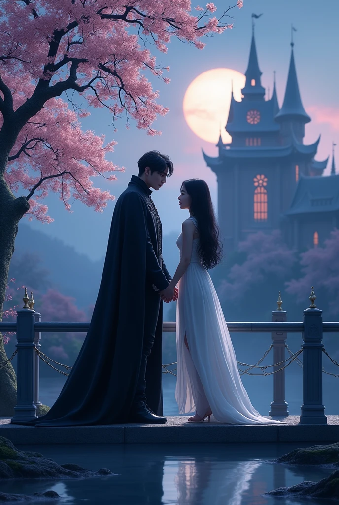 Vimpire king jeon junkook and pretty an innocent beautiful girl standing on bridge, down is water, front is tree with pink flowers and big castle beautifuly decorated and. Holding hands together and watching beautiful night view together.