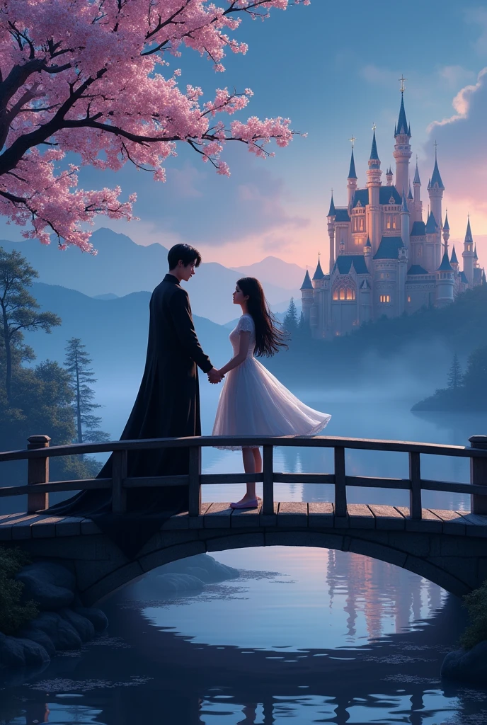 Vimpire king jeon junkook and pretty an innocent beautiful girl standing on bridge, down is water, front is tree with pink flowers and  big castle beautifuly decorated and. Holding hands together and watching beautiful night view together. 