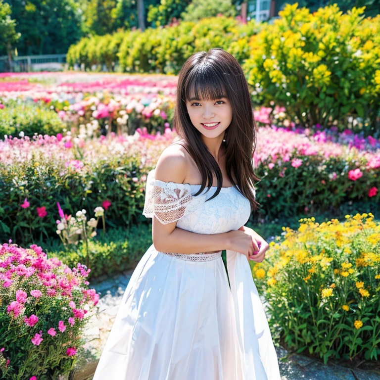 long skirt,in the flower field,Wear a dress,rotate,1 female, On the face, laughing out loud, light brown hair, blunt bangs, hair behind ears, Shoulder-length hair, long hair, Slender body type, 超face slimming型, face slimming, delicate lips, beautiful eyes, Thin blush, Eyes are light brown,View here, (actual:1.3), One person's perspective, 8k, Super detailed, high quality, best quality, High resolution, ,Large Breasts,wear a H cup, 2,Off-shoulder tops,Lace top,puffy skirt