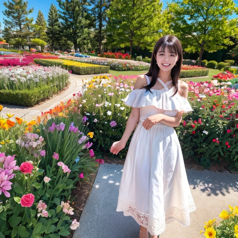 long skirt,in the flower field,Wear a dress,rotate,1 female, On the face, laughing out loud, light brown hair, blunt bangs, hair behind ears, Shoulder-length hair, long hair, Slender body type, 超face slimming型, face slimming, delicate lips, beautiful eyes, Thin blush, Eyes are light brown,View here, (actual:1.3), One person's perspective, 8k, Super detailed, high quality, best quality, High resolution, ,Large Breasts,wear a H cup, 2,Off-shoulder tops,Lace top,puffy skirt