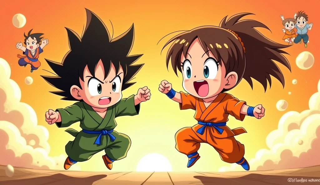A vibrant and dynamic anime scene featuring a chibi-style boy and women . Boy  is shown with a grumpy expression, wearing a green monk outfit, long hair,while women joyfully jumps with a fist in the air, dressed in his iconic orange gi. Big boobs,brown hair,The background is filled with bold orange and yellow hues, with subtle comic-style illustrations of Krillin’s expressions and additional characters. The overall style is playful and captures the energy of classic anime with detailed shading and a warm color scheme."