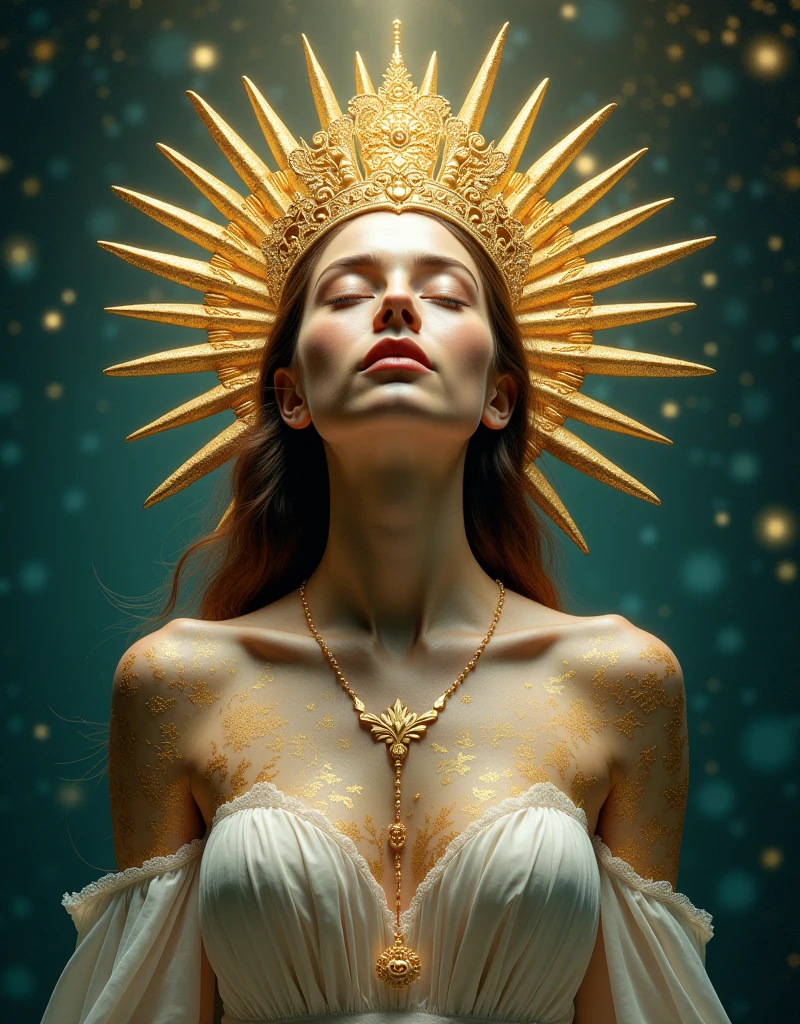 A regal and divine figure stands with closed eyes, emanating an aura of serene power and grace. She is adorned with a magnificent, ornate crown that resembles golden, sun-like rays extending outward, framing her head in a halo of divine light. The intricate details of the crown are echoed in the delicate, gold filigree tattoos that adorn her pale, flawless skin, weaving across her shoulders and chest with elegant, flowing patterns. The background is a deep, cosmic teal, flecked with stars and celestial motifs, further enhancing the ethereal quality of the scene. The radiant golden light from behind her adds a sense of divinity and otherworldly beauty, making her appear as a celestial goddess or a queen of the heavens.
BREAK
((best quality:1.6)), ((high quality:1.5)), ((high details:1.5)), ((super detail:1.5)), ((masterpiece:1.6)), ((UHD:1.5)), ((8K:1.6)), ((highres:1.5)), ((dramatic lighting)), ((celestial glow)), ((ethereal beauty))
BREAK
by Alphonse Mucha, Greg Rutkowski, Artgerm, Michael Parkes | ((fantasy art)), ((celestial goddess)), ((divine light))
BREAK
((best quality:1.6)), ((high quality:1.5)), ((high details:1.5)), ((super detail:1.5)), ((masterpiece:1.6)), ((UHD:1.5)), ((8K:1.6)), ((highres:1.5)), ((cosmic lighting)), ((surreal landscape)), ((ethereal beauty))
BREAK
by Salvador Dalí, Greg Rutkowski, Artgerm, Jean Giraud | ((surrealism)), ((cosmic art)), ((fantasy landscape))