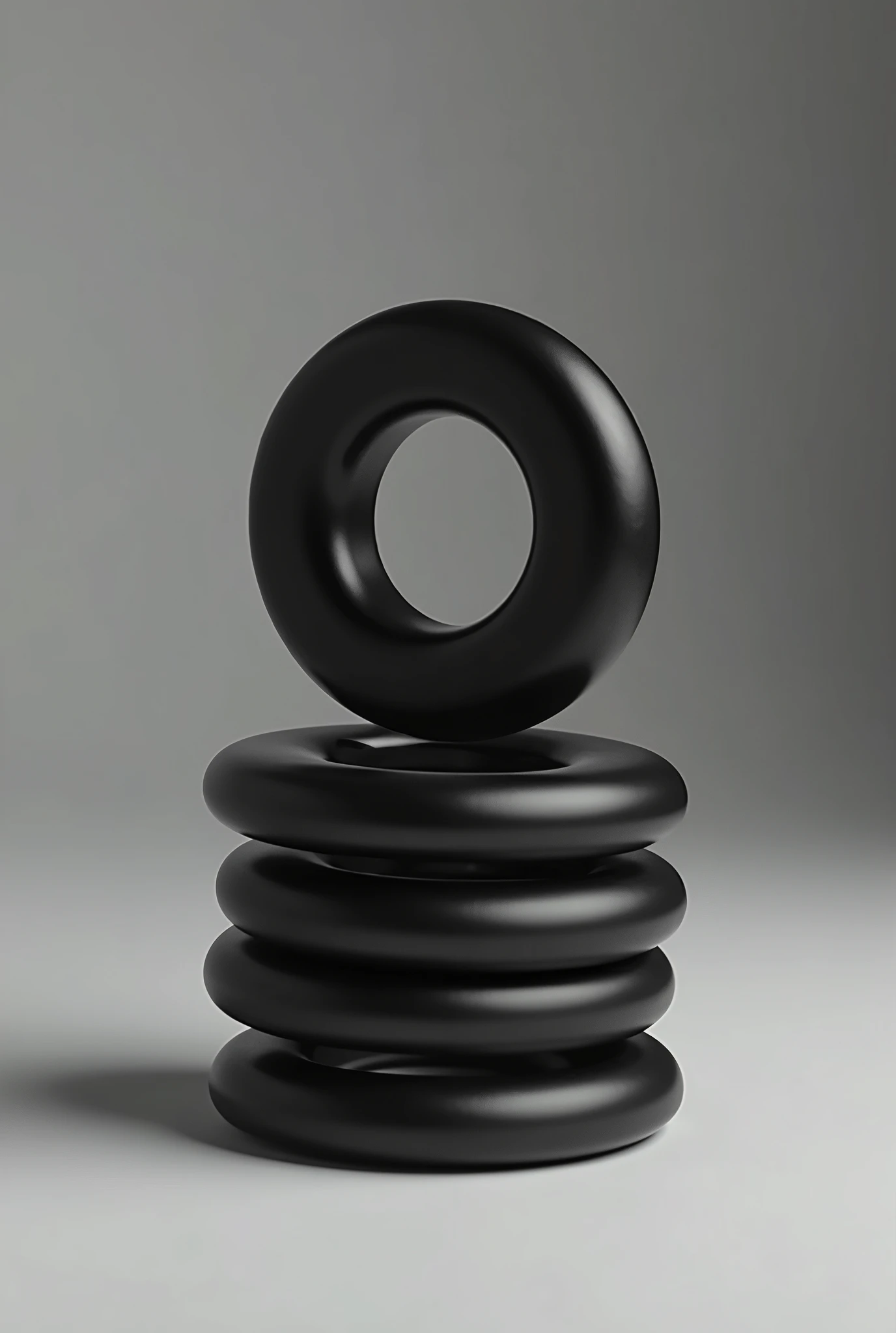 6 black washers stacked on top of each other. The thickness of each washer is 2 cm and the diameter of each is 20 cm.