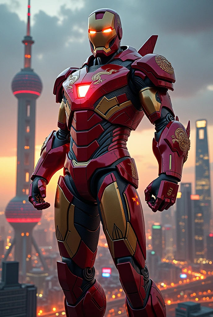 
""Create a highly detailed image of a Chinese version of Iron Man, standing heroically with a futuristic cityscape of Shanghai in the background. The armor should be inspired by traditional Chinese elements, incorporating colors like red, gold, and black, with intricate dragon motifs and patterns. The Chinese flag should be prominently displayed on the chest plate, with the five stars clearly visible. The background should feature the Shanghai skyline, including iconic landmarks like the Oriental Pearl Tower and the Shanghai Tower, set against a dusk or nighttime scene with glowing city lights. The overall vibe should be powerful, majestic, and patriotic, reflecting the rich cultural heritage of China."
